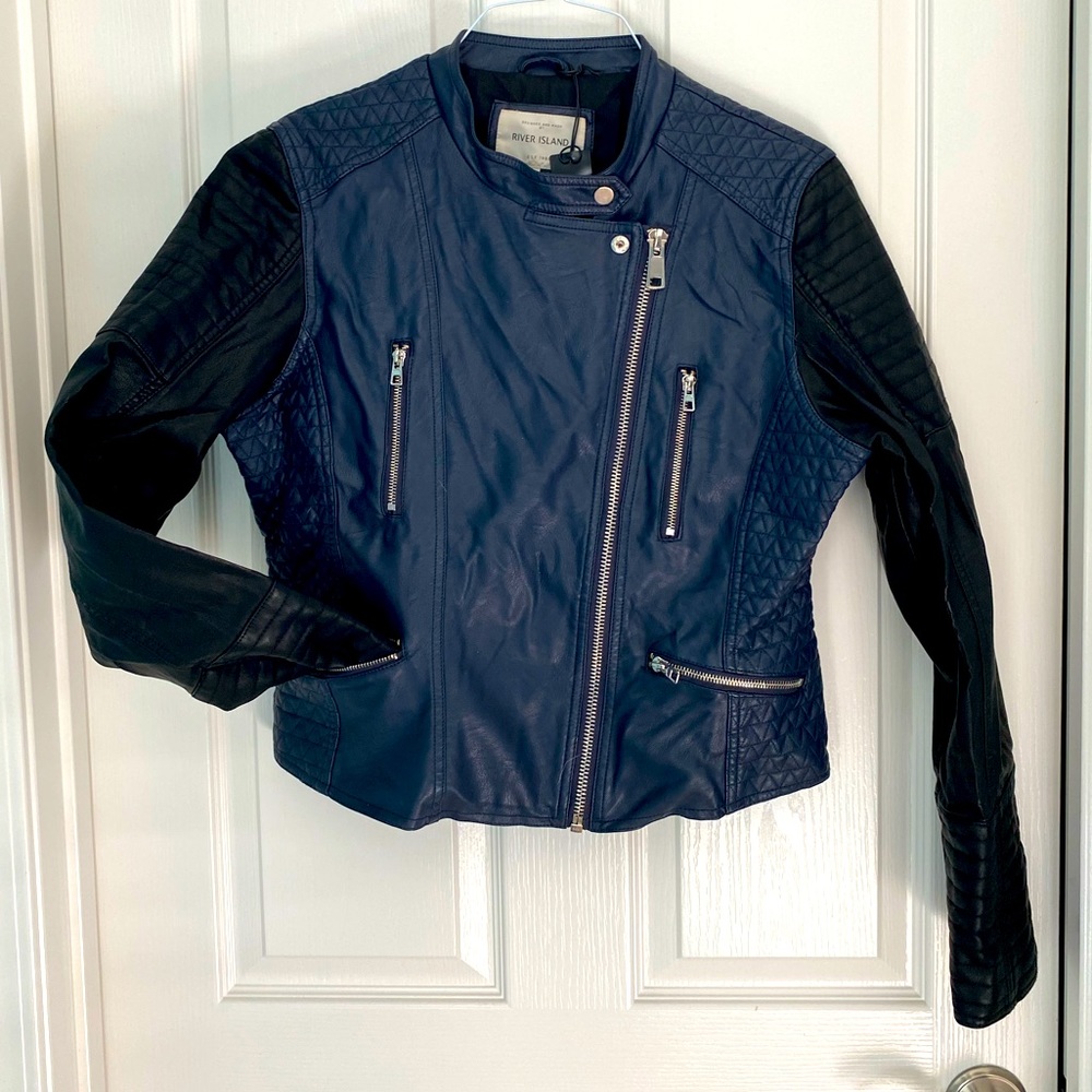 NWT Navy and blue faux leather moto jacket